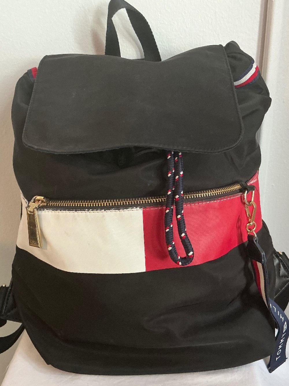 Tommy Hilfiger Backpack | Black Nylon Flag Design | Gold Zip | Designer Bag